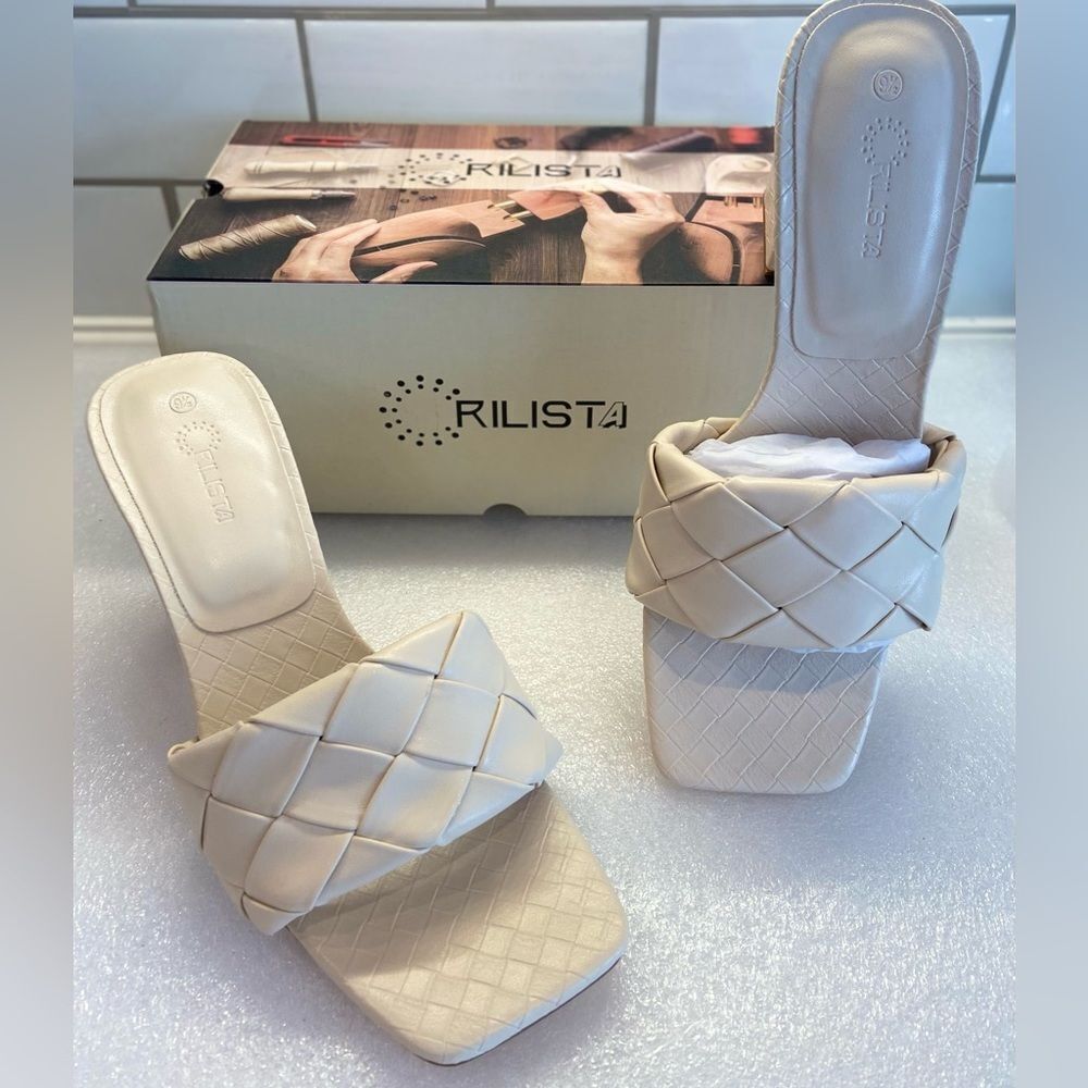 “Relista" Cream Thick Braided Square Toe Sandals Square Chunky Heel 9.5